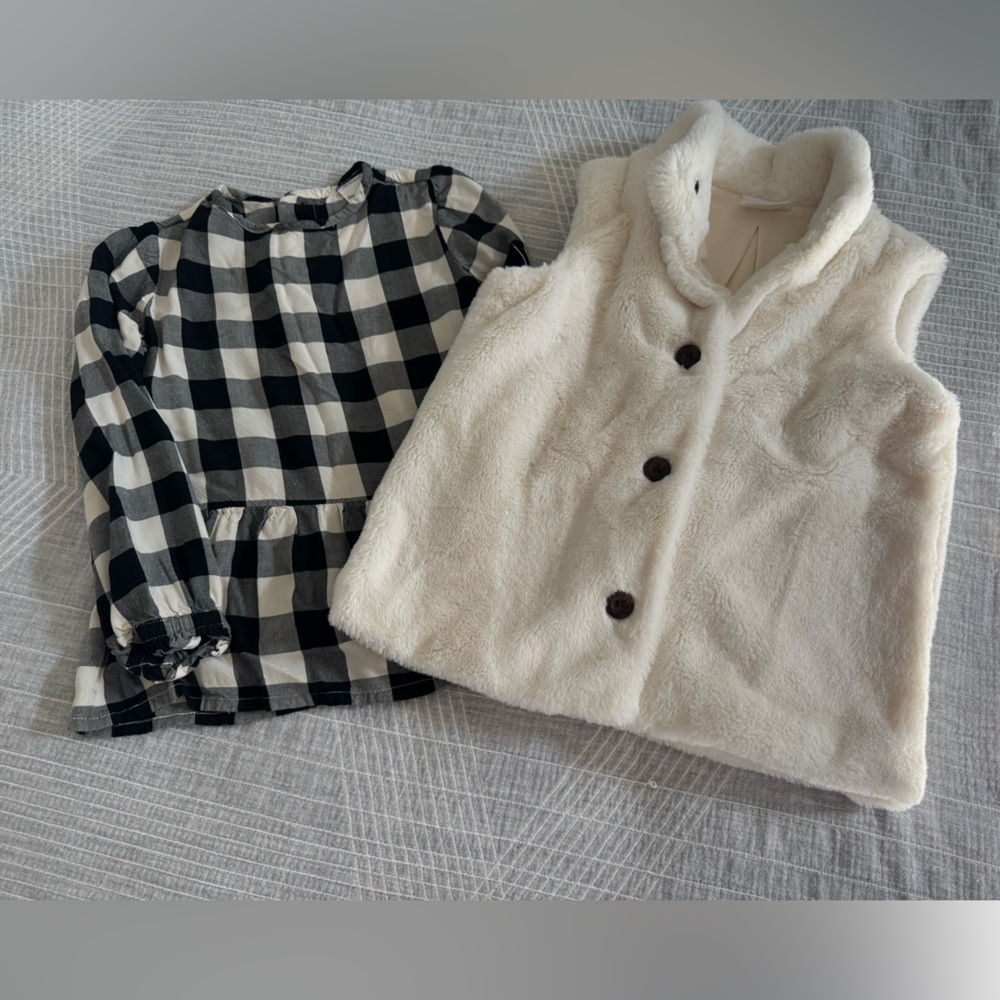 Kids Checkered Dress and Cream Fur Vest Set